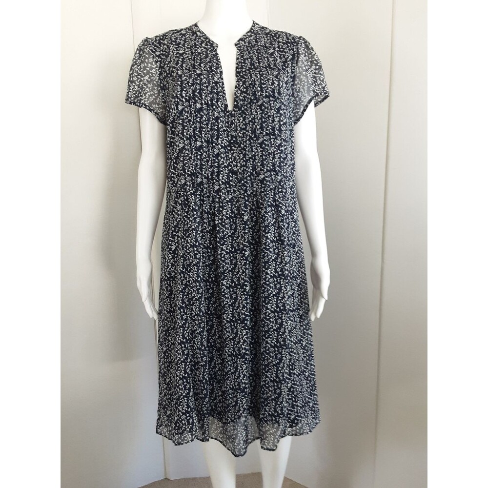 MSK Navy Blue Floral V-Neck Pin-tuck Loose-Fit Midi Dress Sz 14